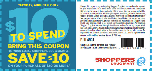 Shoppers Drug Mart $10 Off Coupon when you spend $50 (Aug 6)