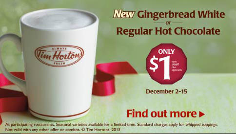 Tim Horton's Gingerbread White or Hot Chocolate for $1 (Dec 2-15)