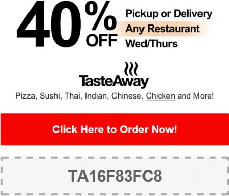 TasteAway Promo Code - 40 Off Restaurant Pickup or Delivery Order (Sept 17-18)